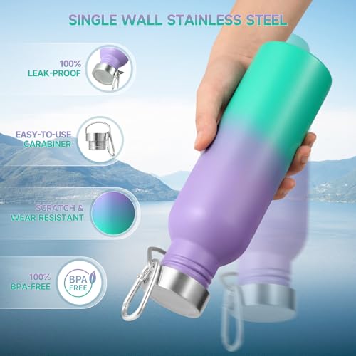 Volhoply 26oz Uninsulated Single Walled Water Bottle, Stainless Steel Reusable Water Bottles with Handle & Carabiner, BPA Free Wide Mouth Water Bottles for Gym Sports Camping（Purple Green,1） - color: Purple Green