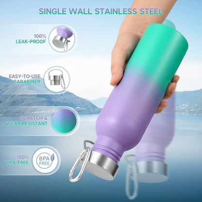 Volhoply 26oz Uninsulated Single Walled Water Bottle, Stainless Steel Reusable Water Bottles with Handle & Carabiner, BPA Free Wide Mouth Water Bottles for Gym Sports Camping（Purple Green,1） - color: Purple Green