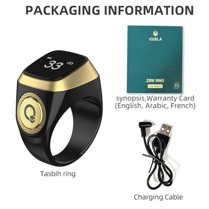 Smart Tasbih Zikr Ring, 20mm Muslim Digital Azan Alarm Clock, Tasbih Counter Smart Ring (Black) - color: Black