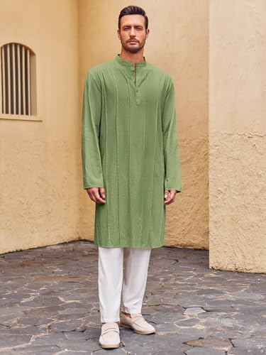Runcati Mens Kaftan Thobe Button Down Henley Shirts Robe Long Sleeve Casual Cotton Pleated Muslim Gown Shirt - color: Army Green, size: X-Large