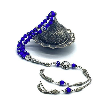 Design - New Long & Stylist Tassels Worry Beads - Prayer Beads (8 mm-33 Beads) Tesbih-Tasbih-Tasbeeh-Misbaha-Subha-Sebha-Sibha-Rosary (Evil Eye - Twin Tassel) - color: Evil Eye - Twin Tassel