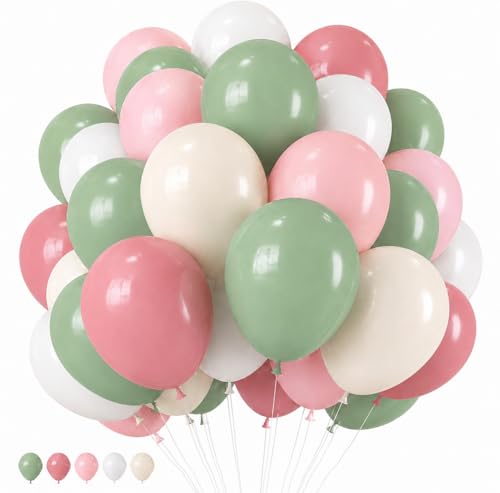 Pink and Green Balloons, 50pcs 12inch Sage Olive Green Light Baby Dusty Pink Sand White Balloons for Boho Birthday Wedding Bridal Showers Baby in Bloom Baby Shower Party Decorations - color: Pink Green White Snow