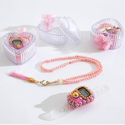 Islamic Tasbih Prayer Beads & Digital Tasbeeh Counter Set – 3 Pack Muslim Prayer Gift for Dhikr, Meditation & Ramadan, Elegant Beads with LCD Finger Counter in Heart-Shaped Gift Box (Pink) - color: Pink