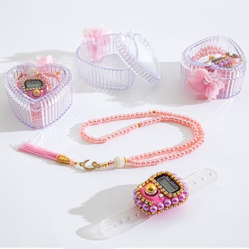 Islamic Tasbih Prayer Beads & Digital Tasbeeh Counter Set – 3 Pack Muslim Prayer Gift for Dhikr, Meditation & Ramadan, Elegant Beads with LCD Finger Counter in Heart-Shaped Gift Box (Pink) - color: Pink