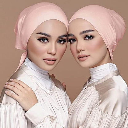 4 Pcs Women Hijab Undercap Islamic Muslim Inner Beanies Cap with Tie Back Closure, Adjustable Underscarf Hat Chemo Turban Cap(Color#3)