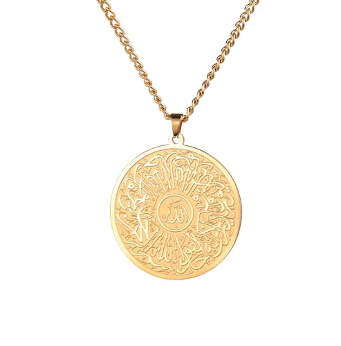 Islamic Ayatul Kursi Necklace Allah Pendant Quran Protection Asma - Ul - Husna Necklace Arabic Calligraphy Script Islam Eid Ramadan Gift Muslim Religious Jewelry Women Men - color: gold