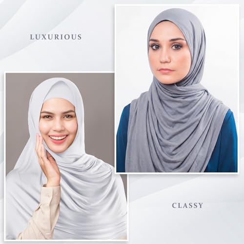 Handepo 여성용 인스턴트 히잡 저지 히잡 2개, 무슬림 헤드 스카프, 부드럽고 가벼운 롱 스트레치 스카프, 숄 랩 - color: 화이트, 그레이