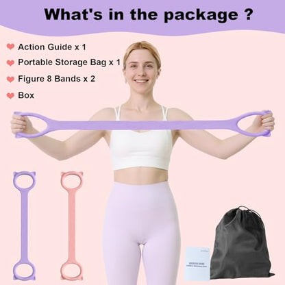Figure 8 Resistance Bands with Handles, Upgraded Silicone 8-Shaped Exercise Band for Women,Stretch Bands Set for Exercise Arms Back Legs Pilates Yoga - color: 2Pcs Pink 15Lb & Purple 25Lb