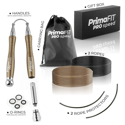 PrimaFIT Jump Rope Pro Speed Skipping Rope Adjustable Adult Jumping Rope Weighted Aluminium Handles for Double Dutch Boxing Workout Crossfit Exercise Fitness Spare Cable Weights Protectors Carry Bag - color: Bronze