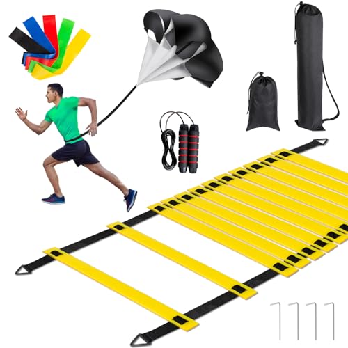 Soccer Training Equipment Set, 20 Feet 12 Rungs Pro Speed & Agility Ladder, Resistance Parachute, Jump Rope, 5 Resistance Bands with Carrying Bag