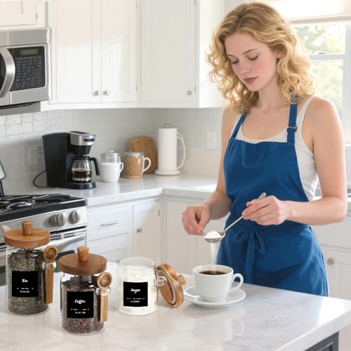 3 Pcs Glass Coffee Container with Wooden Lid Spoon Shelf Labels Clear Airtight Jar Food Storage Canister Set for Sugar Spice Coffee Bean Holder Housewarming Gift(13.5,20,25 oz,Acacia Brown) - size: 13.5,20,25 oz