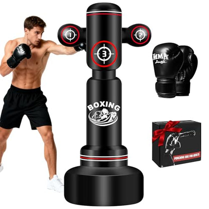 Freestanding Punching Bag with Gloves, 70'' Heavy Boxing Bag with Stand for Adult Teens, Standing Women Men Inflatable Kickboxing Bags for Beginners Training MMA Muay Thai Fitness - style: Punching Printing