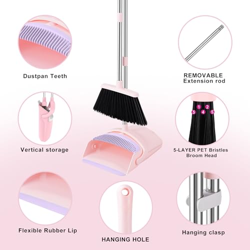 BSKLIN Broom and Dustpan Set, 52” Long Adjustable Handle Broom with Dustpan Combo Set with Dust Pan Teeth to Clean Hair for Home Lobby Office Kitchen (Small-Pink-Purple) - size: Small-pink-purple