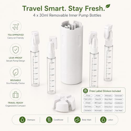 4-in-1 Detachable Travel Dispenser Bottles Set Foldable Pump Leak-Proof, Carry-On Compliant 30ml/1OZ Refillable Containers for Shampoo Lotion Body Wash with Protective Case - color: White