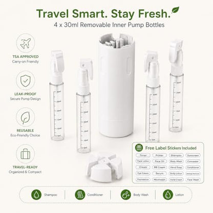 4-in-1 Detachable Travel Dispenser Bottles Set Foldable Pump Leak-Proof, Carry-On Compliant 30ml/1OZ Refillable Containers for Shampoo Lotion Body Wash with Protective Case - color: White