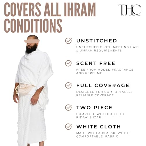 Men's Ihram for Hajj & Umrah - Sweat Absorbent, Comfortable, Fully Opaque, 2-Piece Ihram Set, Ehram Ahram 43 x 83 Inches, Ideal for Muslim Men, White