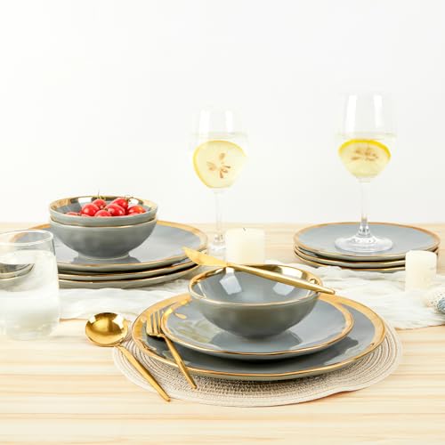 Pokini Porcelain Luxury Dinnerware Sets, Modern Plates and Bowls Sets for 4, Highly Chip and Crack Resistant, Grey and Gold Rim China Dishes Set for Wedding Anniversary - color: Grey and Gold