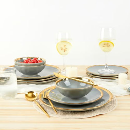 Pokini Porcelain Luxury Dinnerware Sets, Modern Plates and Bowls Sets for 4, Highly Chip and Crack Resistant, Grey and Gold Rim China Dishes Set for Wedding Anniversary - color: Grey and Gold