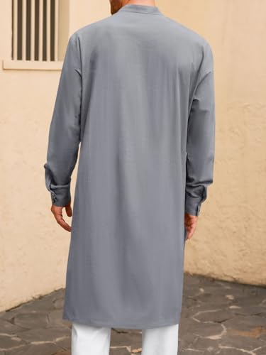 Runcati Mens Kaftan Robe Button Down Long Sleeve Cotton Linen Thobe Casual Muslim Gown Henley Shirt - color: Grey, size: Medium