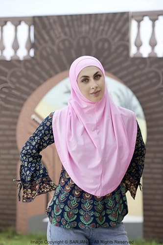 SARJANA Women's Solid Color Cotton Hijab with Under Scarf Cap Ready to Wear Stretch Scarves Long Scarfs FREE SIZE - color: Baby Pink