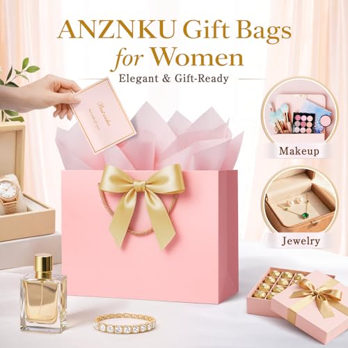 ANZNKU 2PCS Pink Gift Bags for Women, Cute Medium Gift Bags with Handles 4 Tissue Paper 2 Ribbons 2 Cards for Her Wedding Graduation Birthday Engagement Bridal & Baby Shower Party Favors Gifts Wrap - color: Elegant Pink