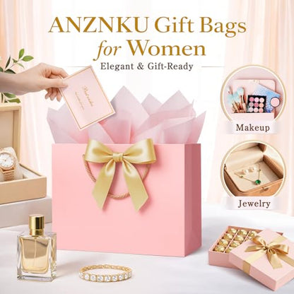 ANZNKU 2PCS Pink Gift Bags for Women, Cute Medium Gift Bags with Handles 4 Tissue Paper 2 Ribbons 2 Cards for Her Wedding Graduation Birthday Engagement Bridal & Baby Shower Party Favors Gifts Wrap - color: Elegant Pink