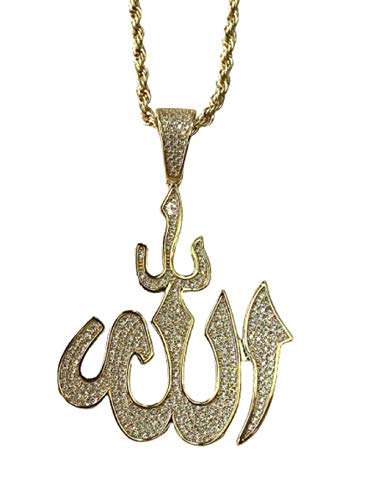 God Allah Men Women 925 Italy Gold Finish Iced Silver Charm Ice Out Pendant Stainless Steel Real 2 mm Rope Chain Necklace, Mans Jewelry, Iced Pendant, Rope Necklace 16"- 24" - style: 18" Chain + Pendant
