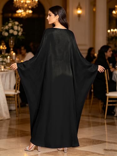 Shinsto Women Satin Prayer Dress Kaftan Robe Musulmane Femme Flashy Gown Luxury Party Wear Nightclub Outfit - color: Black, size: 1