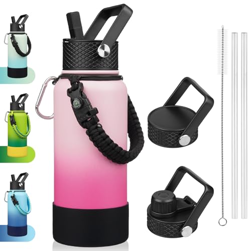 BJPKPK 32oz Insulated Water Bottle with 3 Lids, Straw Lid & Handle - color: Cherry, size: 32 Ounces