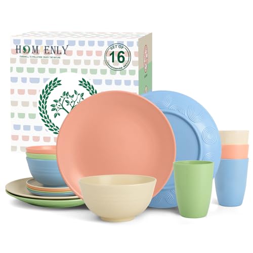 Homienly Premium Dinnerwave Sets, Lightweight & Unbreakable Wheat Straw Dish Set - Plates and Bowls Set with Cups, 16 PCS Microwave and Dishwasher Safe Dinnerware Set - Multi Light - color: Multi Light, size: 16 PCS