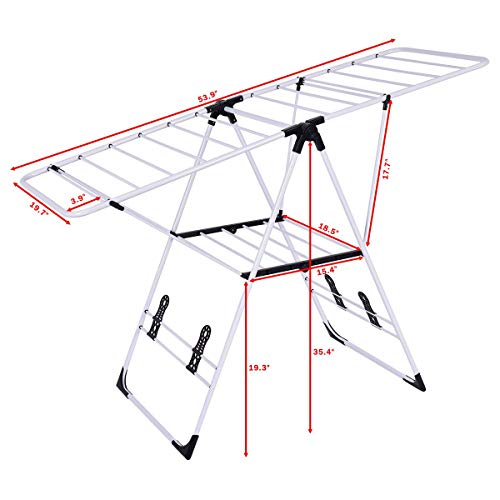 GOFLAME Steel Clothes Drying Rack with Adjustable Wings, Foldable Gullwing Collapsible Laundry Drying Rack with Shoe Holder and Shelves, Space Saving Drying Rack for Underwear, Socks, Pants - size: 54.5" x 22" x 36.5"