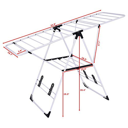 GOFLAME Steel Clothes Drying Rack with Adjustable Wings, Foldable Gullwing Collapsible Laundry Drying Rack with Shoe Holder and Shelves, Space Saving Drying Rack for Underwear, Socks, Pants - size: 54.5" x 22" x 36.5"