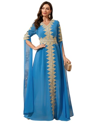 Women Muslim Abaya Kaftan Dress Lace Ethnic Moroccan Dress Eid Prayer Clothes Arabian Maxi Robe - color: Blue, size: X-Small