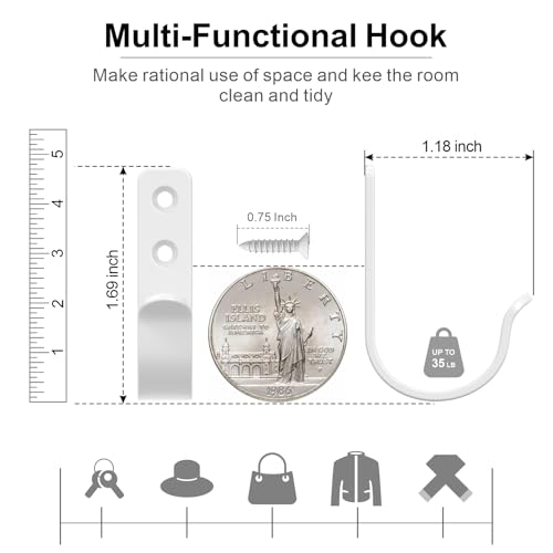 15-Pack White Metal Wall Mount Hooks for Hanging Coats & Towels | Screw-in Single Hooks for Clothing, Robe, Bathroom, Entryway, Garage - color: 15PCS Wide White hook