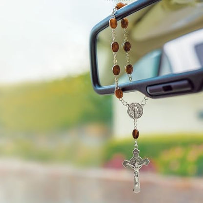 Car Rosary from The Holy Land of Bethlehem - 7” St Benedict Rosary with Crucifix & Saint Benedict Medal, Olive Wood Catholic Pocket Rosary with Wooden Rosary Beads & Lobster Clasp - color: Saint Benedict