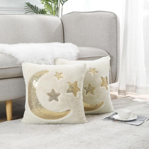 Holibeat Ramadan Throw Pillow Covers 18x18 inches Fluffy Sequin Decoration Pillowcases (Pack of 2) (3stars) - color: 3stars