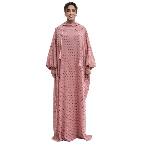 Polka Dot Abaya| Hooded Abaya for Muslim Women| 1pc Hoody Dress| Maxi Dress - color: Pink, size: Size 2