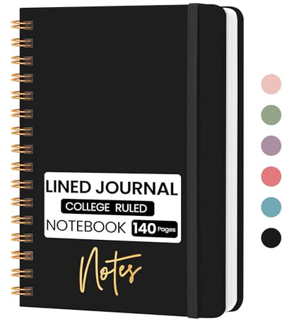 CICPAP Lined Spiral Journal Notebook, A5 College Ruled Notebook for Journaling, Note-Taking, and Daily Planning, Durable Hardcover with an Elegant Design, Black - color: B-Black