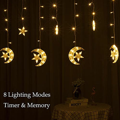 Curtain String Light LED Icicle Light Transparent Strand 8 Modes Waterproof Indoor Outdoor Home Decorative Lights Crescents and Stars (Moon&Star)