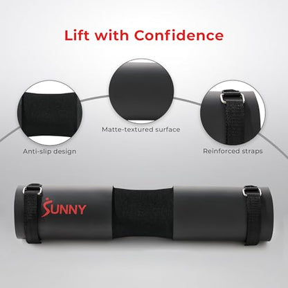 Sunny Health & Fitness 60-Inch Chrome Barbell Bar or High-Density Foam Barbell Pad – Strength Training Gear for Squats, Deadlifts, Hip Thrusts, Bench Press, Lunges & Full-Body Home Gym Workouts - style: Barbell Pad