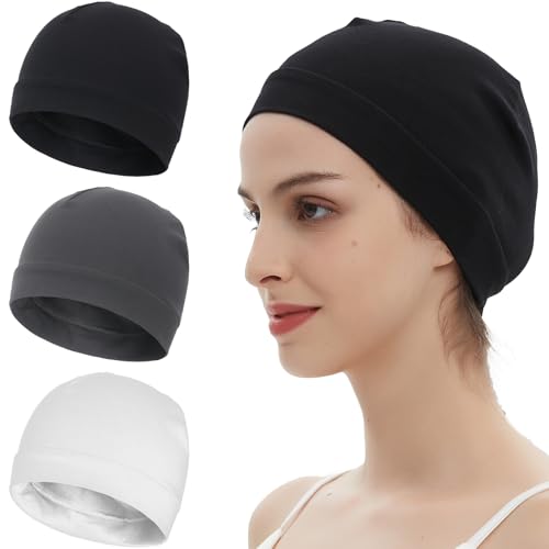 100% Cotton Skull Caps Beanie Bald Sleeping Hats for Men Women - color: 3pieces-black,dark Gray,white