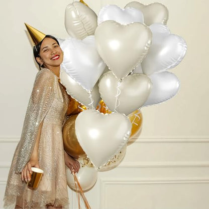 Cream White Heart Balloons, 10PCS Beige Foil for Boho Wedding Baby Shower - color: Cream White + White
