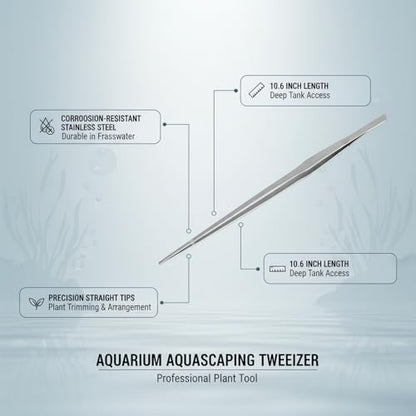 Stainless Steel Aquarium Tweezers for Aquascaping - 10.6 Inch Straight Head Tool for Plant Placement and Substrate Arrangement in Freshwater Tanks