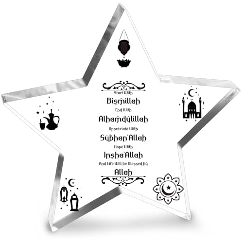 Encouraging Five-Pointed Star Acrylic Desktop Decoration Sign, Eid Mubarak Table Sign, Arabic Decor Start and End with Allah, Ramadan Ornaments Islamic Decorations for Home Family Gifts - color: Five-pointed star