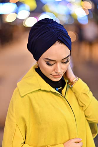 para life Band Turbans for Women, Breathable Instant Turban|Standard Size Stretchable Cotton Sandy|Pre-tied Hijab Cap - color: Navy Blue