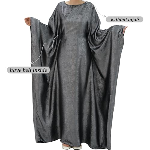Prlemend Women Prayer Abaya Dubai Bat Sleeve Dress Islamic Printed Long Robe with Belt - color: Grey, size: 1