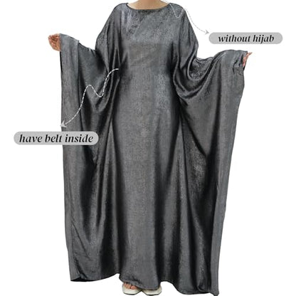 Prlemend Women Prayer Abaya Dubai Bat Sleeve Dress Islamic Printed Long Robe with Belt - color: Grey, size: 1
