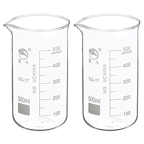 PATIKIL 500ml Tall Form Glass Beaker, 2 Pack 3.3 Borosilicate Glass Graduated Printed Scale Measuring Cups with Spout for Kitchen Lab Liquids Transit Boiling - size: 500ml