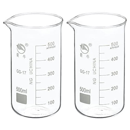 PATIKIL 500ml Tall Form Glass Beaker, 2 Pack 3.3 Borosilicate Glass Graduated Printed Scale Measuring Cups with Spout for Kitchen Lab Liquids Transit Boiling - size: 500ml