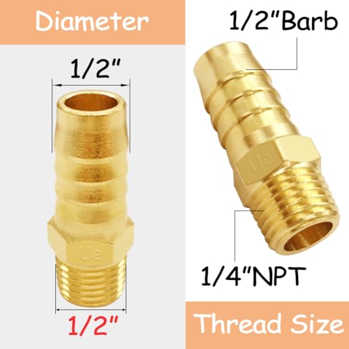 Uenede 6PCS Brass Hose Barb Fittings 1/4" NPT Male to 1/2" Barb Adapter Connector Include 6 Stainless Steel Clamps for Water/Oil/Gas - size: 1/2"Barb, style: 1/4"NPT Male